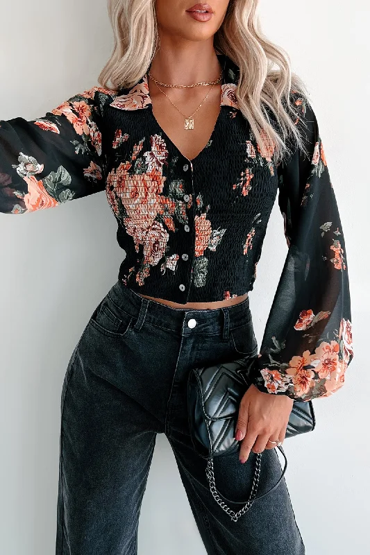 Weekend Offers That Shine Fall Blooms Smocked Buttoned Floral Top (Black)