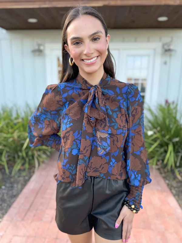 Amazing Value The Lebe Floral Bow Collar Long Sleeve Top-Brown
