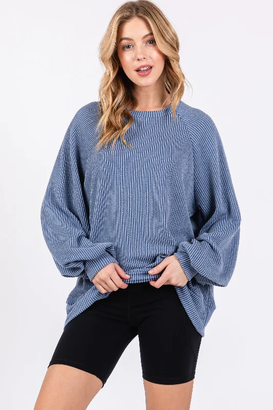 Big Deal Blue Ribbed Long Sleeve Top