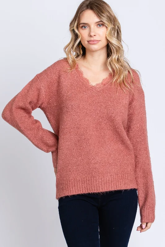 Weekend Offers That Amaze Mauve Soft Knit Lace Trim Sweater