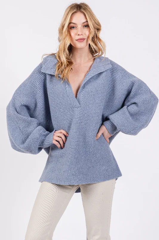 Weekend Deals That Wow Blue Oversize Collared Knit Sweater