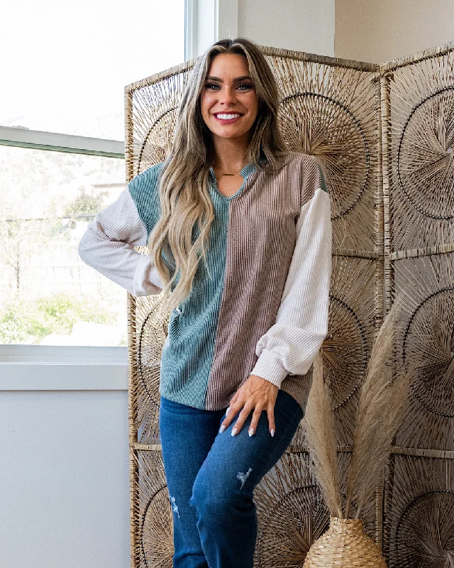Super Bargain Addison Color Block Corded Split Neck Top - Moss, Taupe & Oat