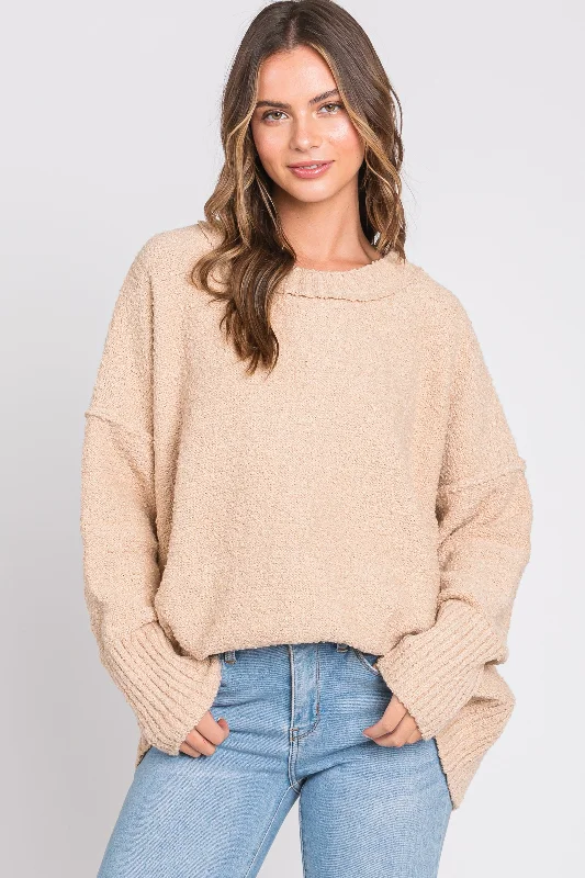 Weekend Savings Extravaganza Beige Knit Exposed Seam Sweater
