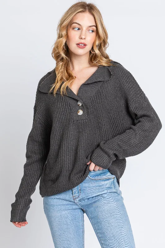 Daily Special Charcoal Chunky Knit Front Button Sweater