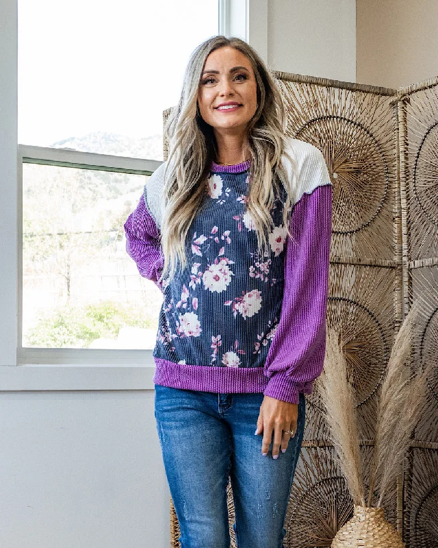 Weekend Discounts to Snag Henley Navy Floral Color Block Corded Top