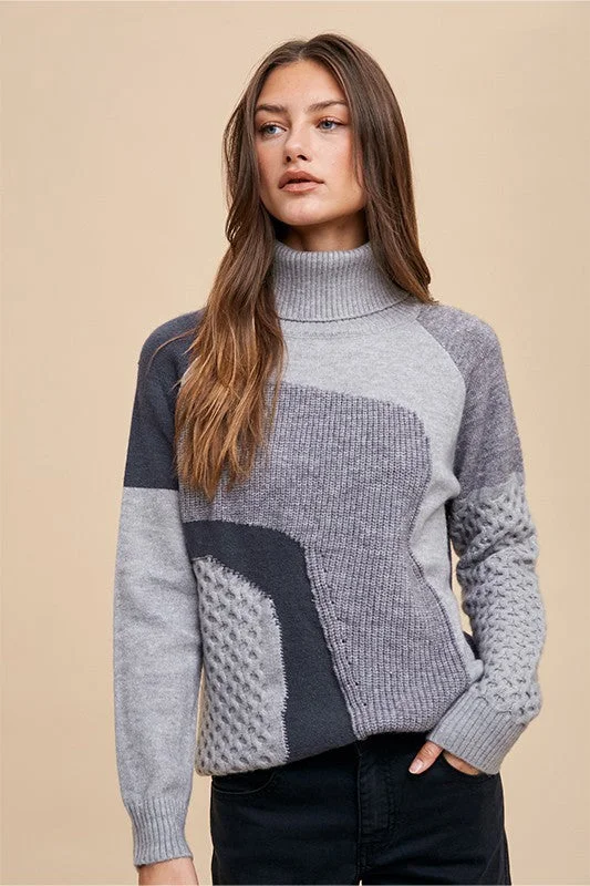 Online Deal Grey Combo Turtleneck Multi Pattern Mixed Sweater Top