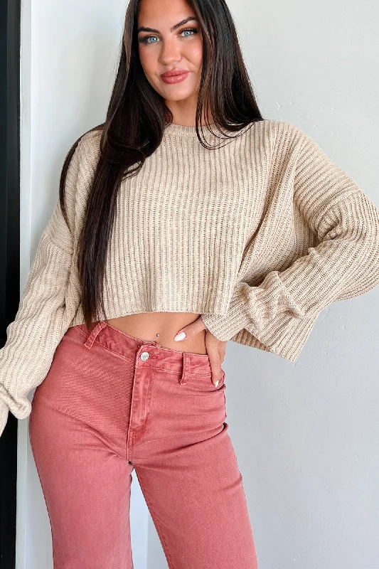 Super Discount Coziest Memories Crewneck Crop Sweater (Taupe)