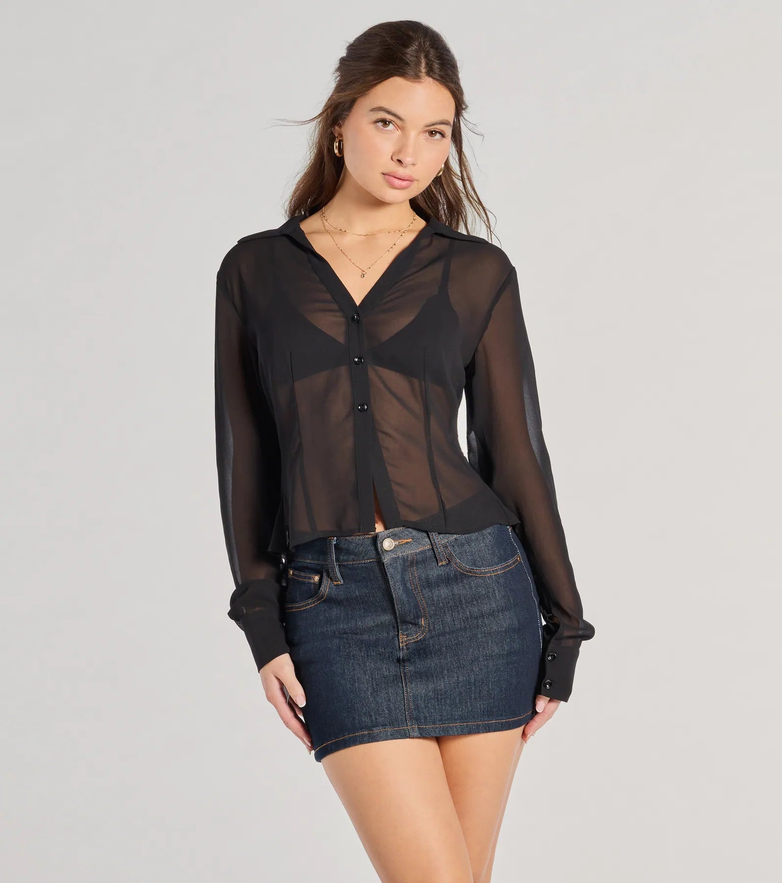 Now or Never Sheer To Be Seen Smocked Back Chiffon Button Top