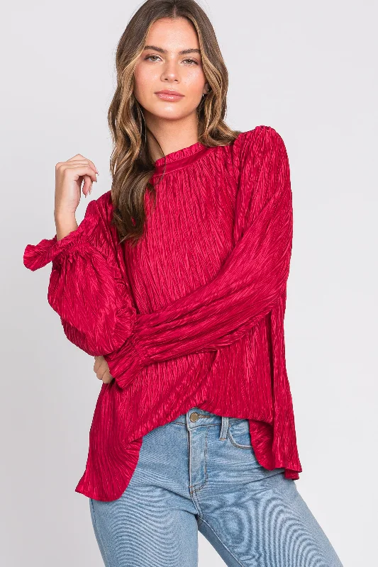 Bonus Offer Magenta Textured Mock Neck Blouse