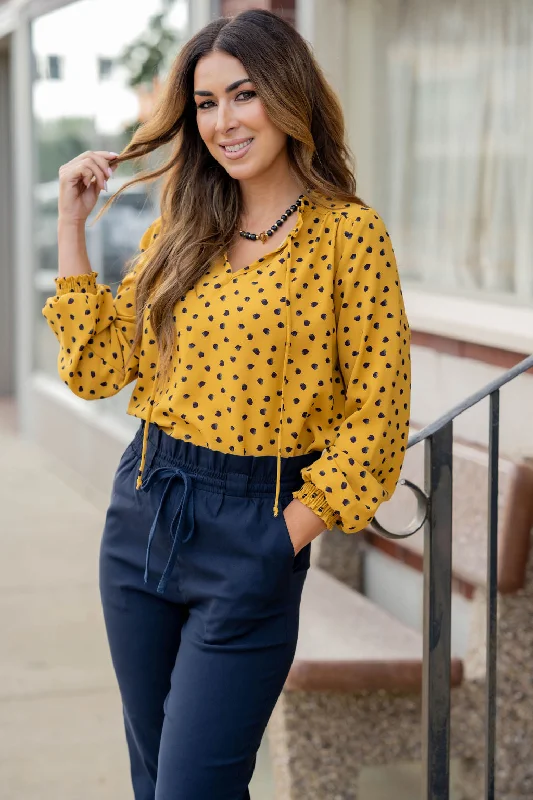 Savings Event Splotched Cinched Trim Tie Blouse