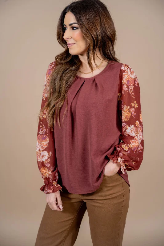 Act Fast Rose Sleeve Solid Body Blouse