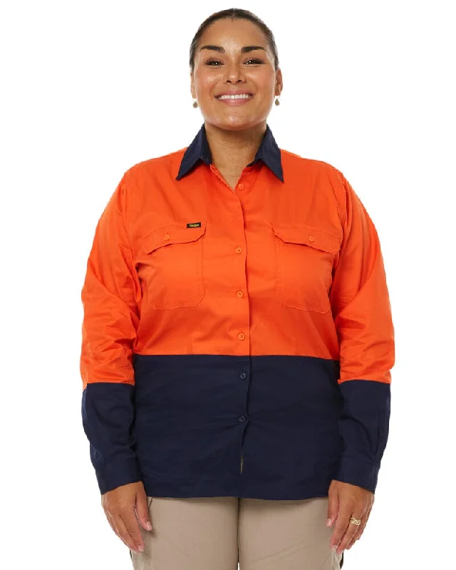 Weekend Discounts to Indulge In Womens Hi Vis Cool Lightweight LS Drill Shirt - Orange/Navy