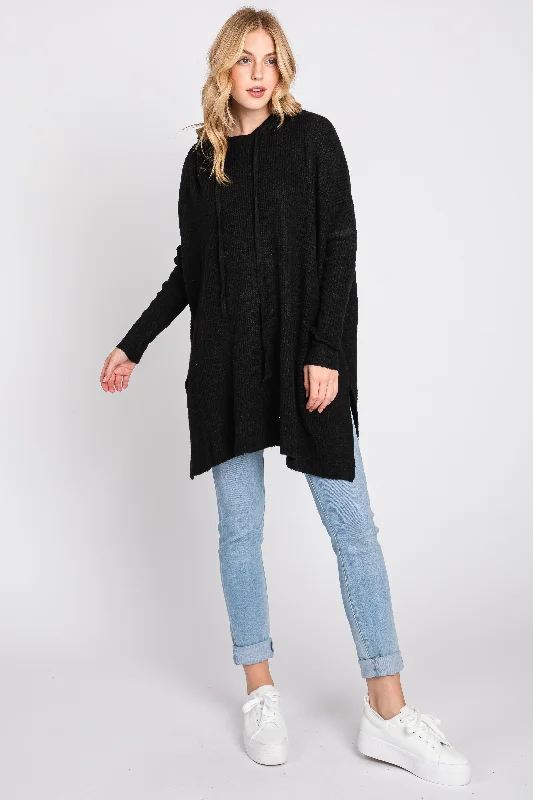 Weekend Bargains to Snag Black Knit Hooded Side Slit Sweater