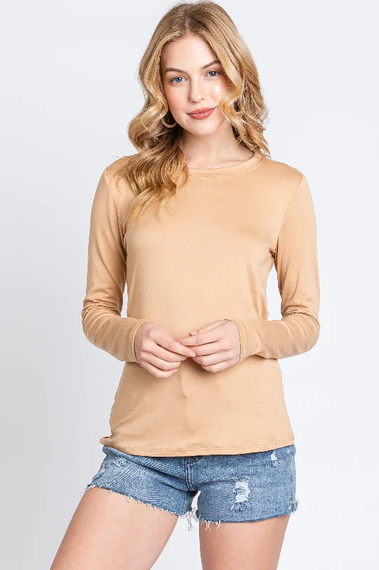 Special Buy Camel Knit Long Sleeve Round Hem Top
