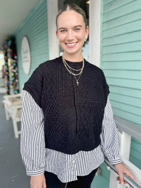 Weekend Discounts to Grab The Winnie Striped Shirt and Knit Vest Combo Top-Black