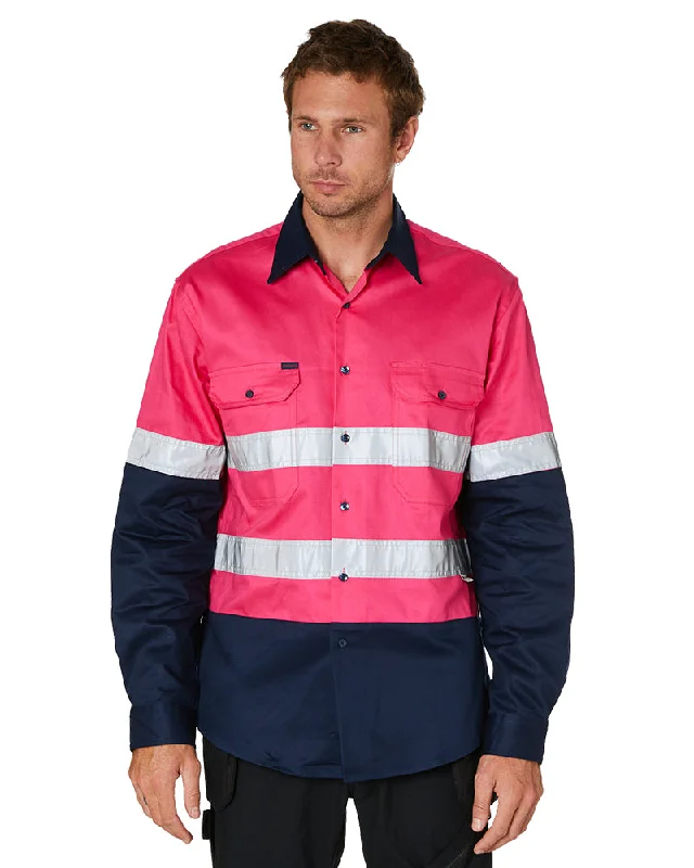 Weekend Bargains to Cherish Hi Vis Taped Cotton Drill Shirt LS - Pink/Navy