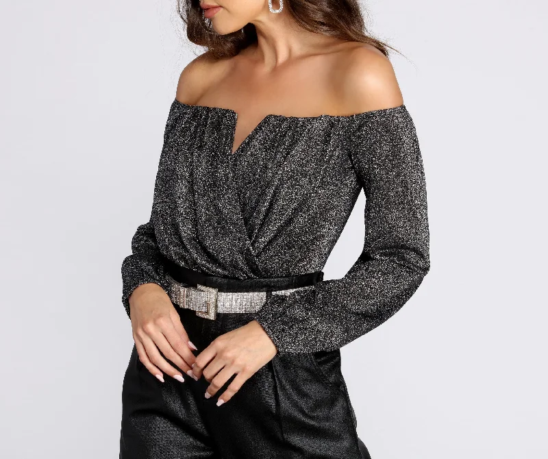 Instant Savings Off The Shoulder Glitter Knit Bodysuit