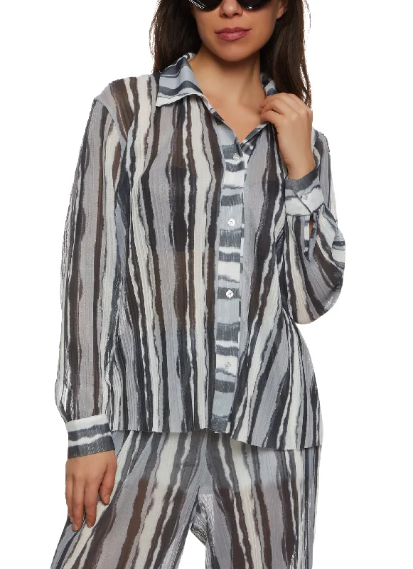 Deep Savings Plisse Mesh Printed Button Front Shirt