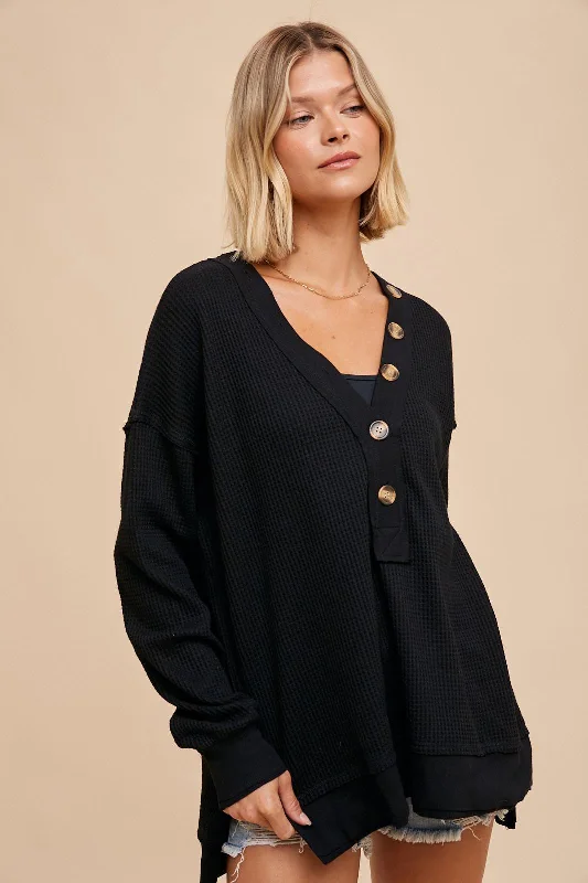 Weekend Deals That Sizzle Black Waffle Knit Deep V-Neck Top