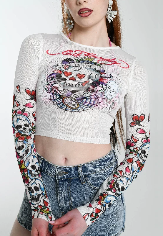 Top Pick Womens Love-Kills-Slowly Mesh Long Sleeved T-Shirt- White