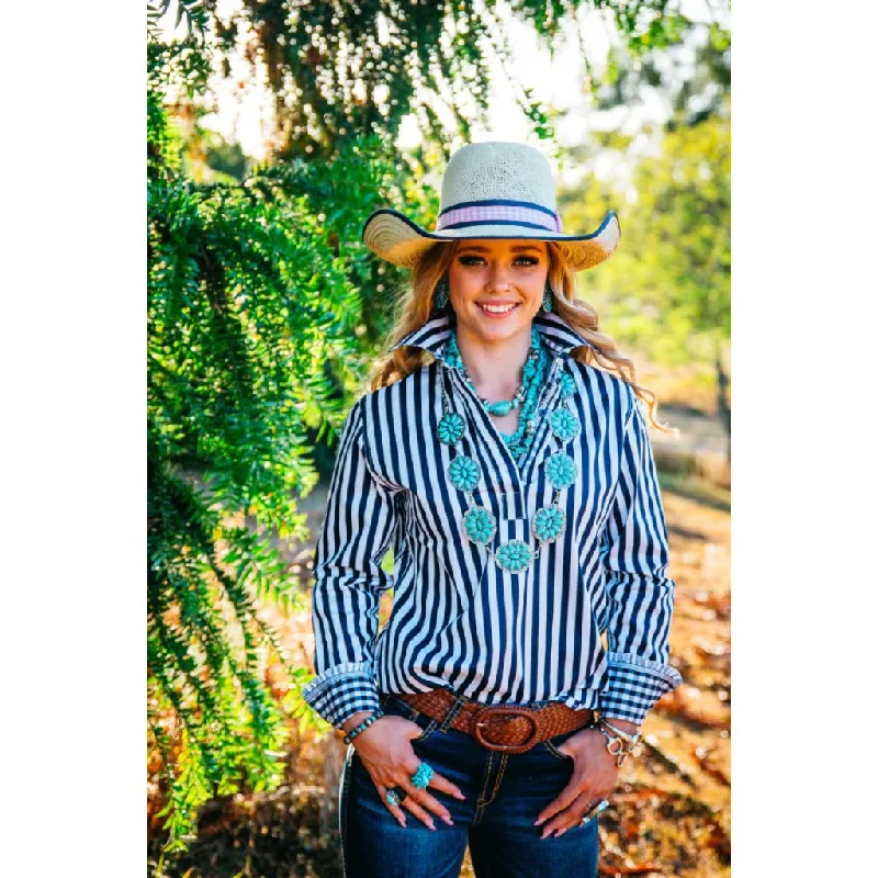 Weekend Discounts to Relish Hitchley and Harrow Loose Fit Ladies Stripe Shirt NAVY-WHITE