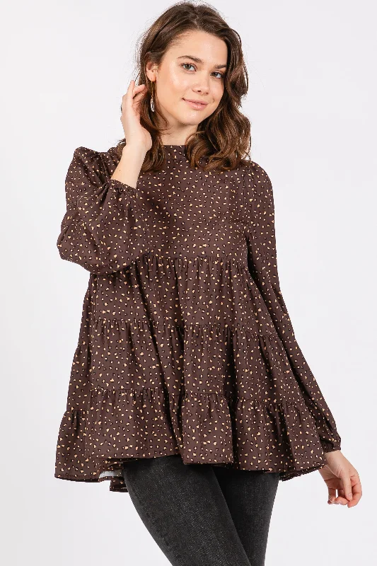 New Arrival Brown Animal Print Mock Neck Tiered Top