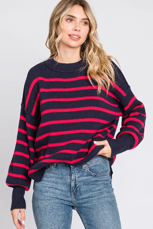 Special Discount Navy Striped Long Sleeve Knit Sweater