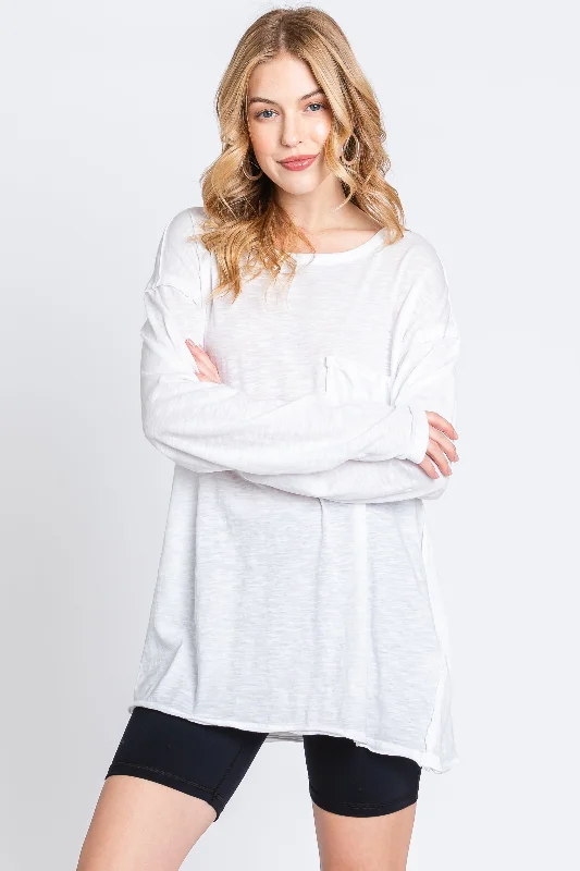 Final Clearance White Mineral Wash Front Pocket Long Sleeve Top