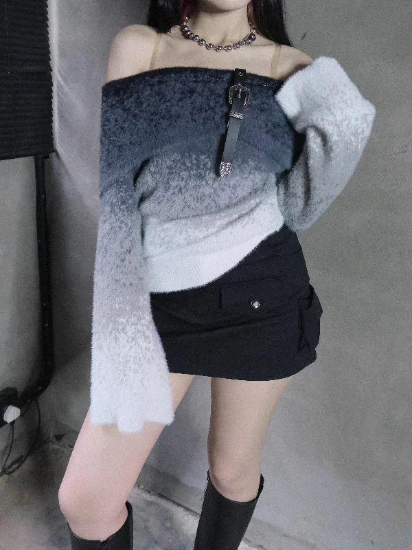 Weekend Discounts You Deserve 漸變仿紹毛皮帶扣一字肩上衣