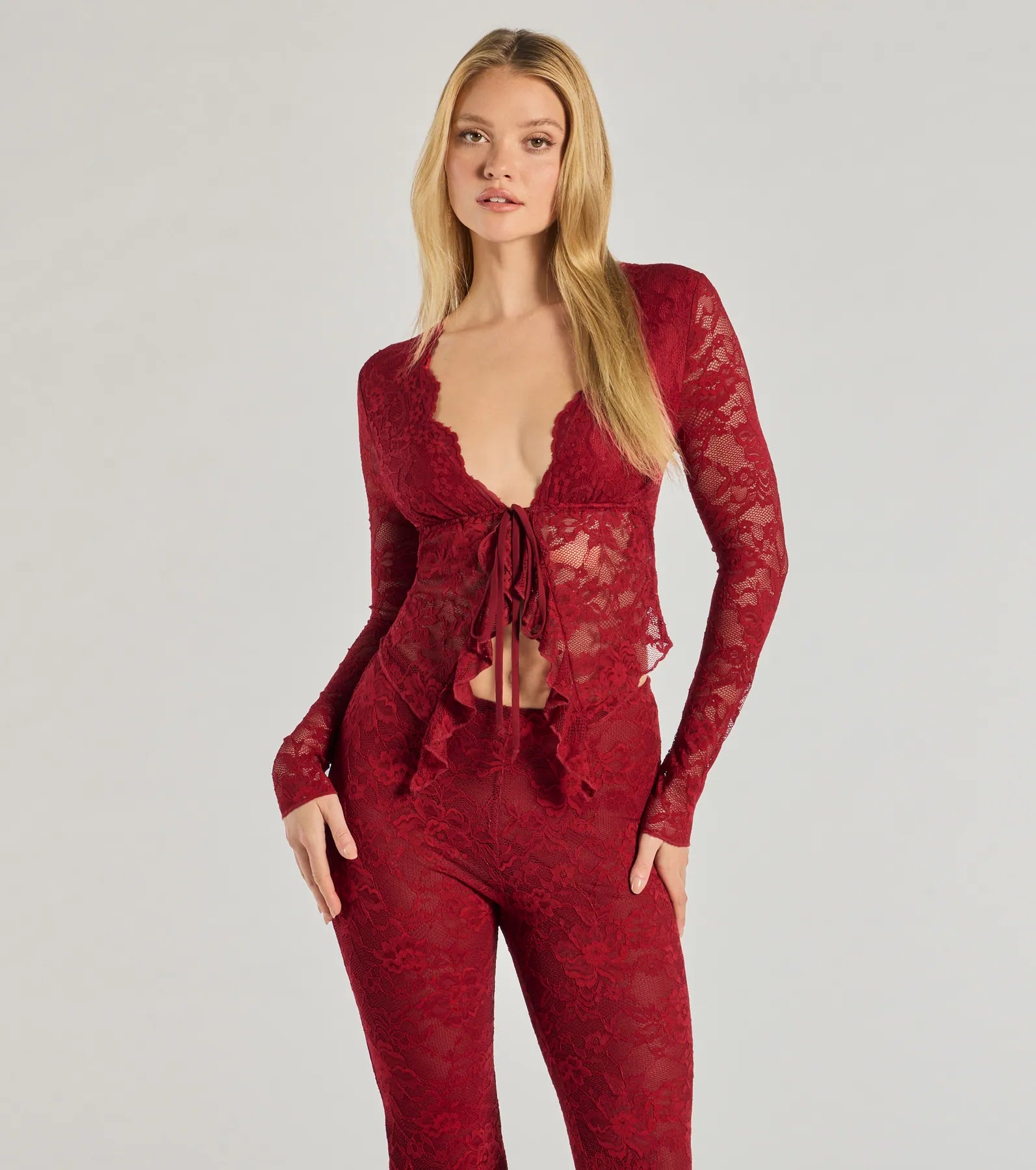 Final Offer Delicate Flair Floral Lace Tie-Front Top