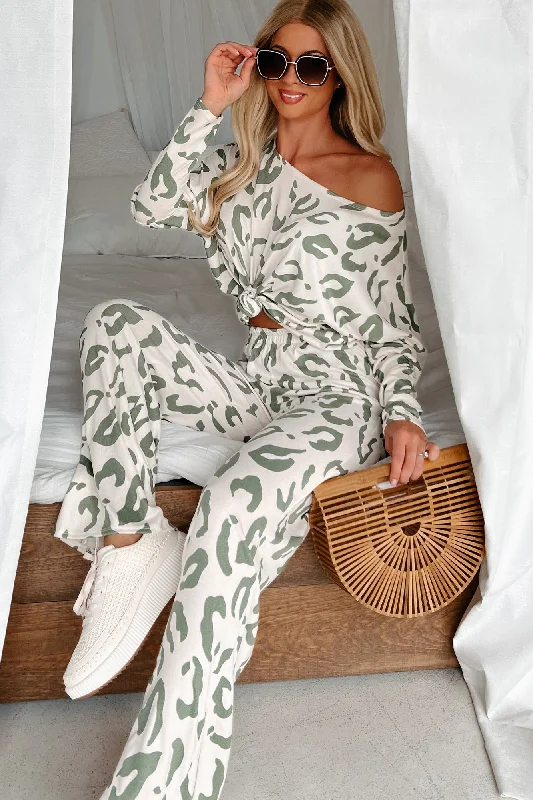 Value Pack Feline Satisfaction Animal Print Loungewear Set (Sage/Ivory)