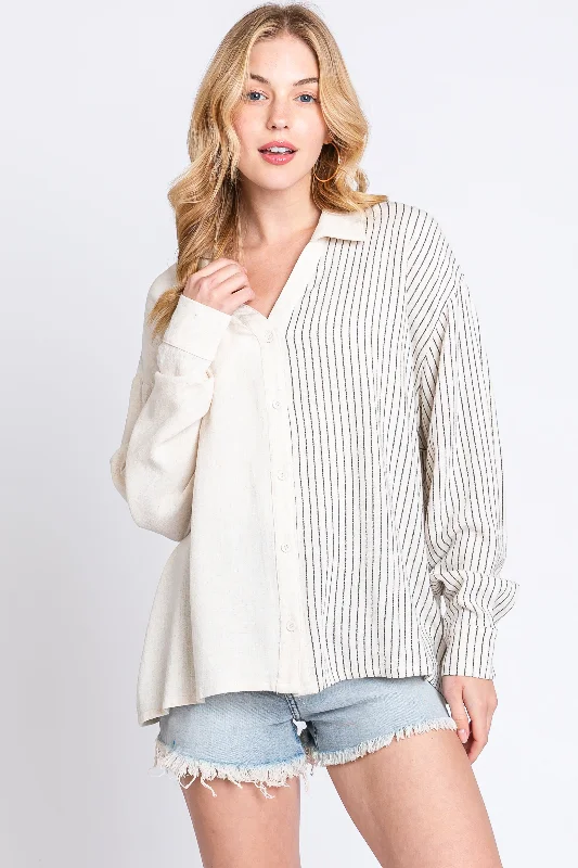 The Best Prices Beige Half Stripe Button Down Top