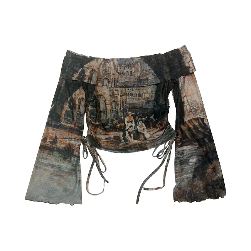 Unmissable Offer Off-shoulder Graphic Print Drawstring Long Sleeves Top