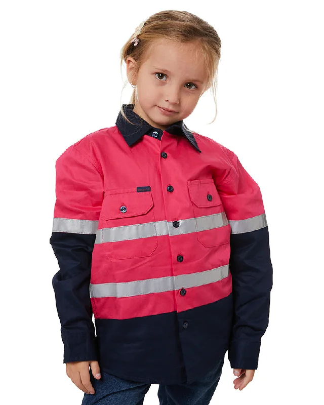 Year-End Deals Hi Vis 2 Tone Open Front Kids Shirt - Pink/Navy