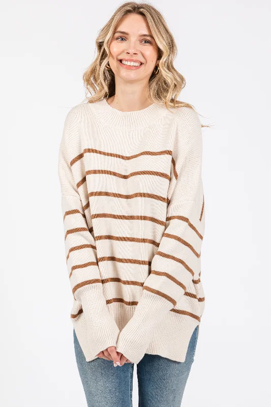 Instant Savings Beige Striped Drop Shoulder Sweater