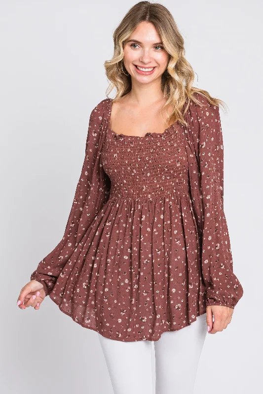 Crazy Savings Brown Floral Smocked Long Sleeve Top