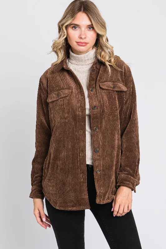 Now or Never Brown Corduroy Plaid Fleece Lined Button Down Shacket