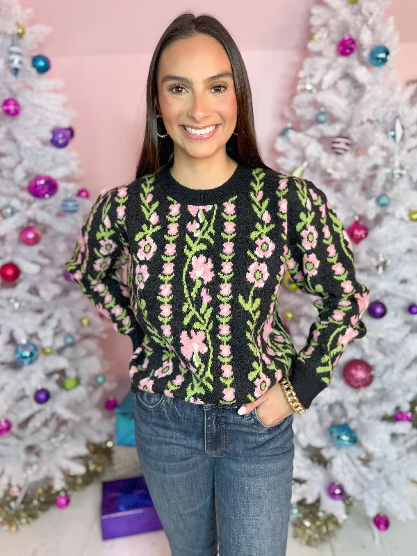 Weekend Savings Spree The Fiona Floral Vine Sweater-Black