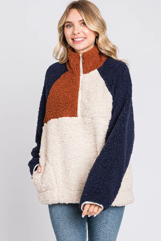 Weekend Shopping Extravaganza Ivory Colorblock Oversized Fleece Pullover Top