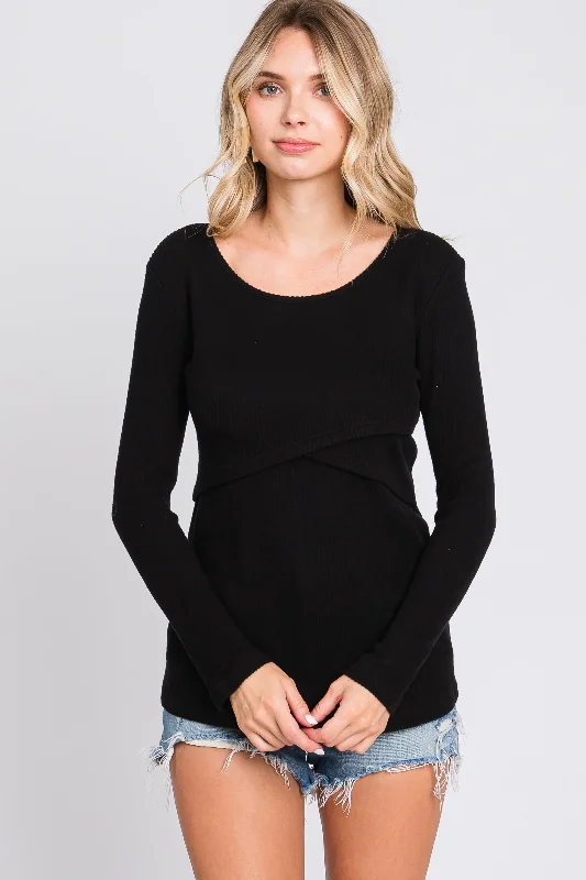 Pay Less Black Ribbed Crossover Nursing Top