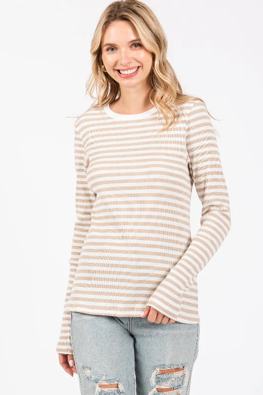 Weekend Discounts to Enjoy Beige Striped Long Sleeve Ribbed Top