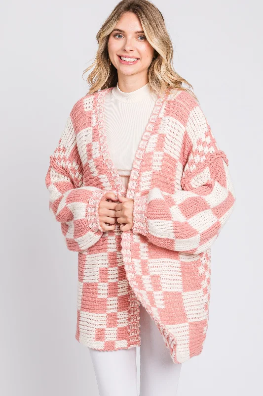 Weekend-Only Price Drops Mauve Checkered Oversized Chunky Knit Cardigan