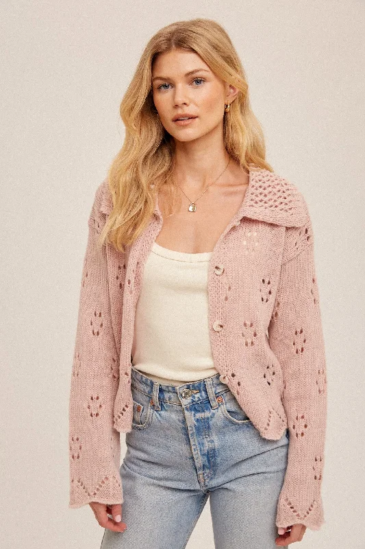 Weekend Offers You Can't Ignore Light Pink Pointelle Collared Button Down Sweater Cardigan