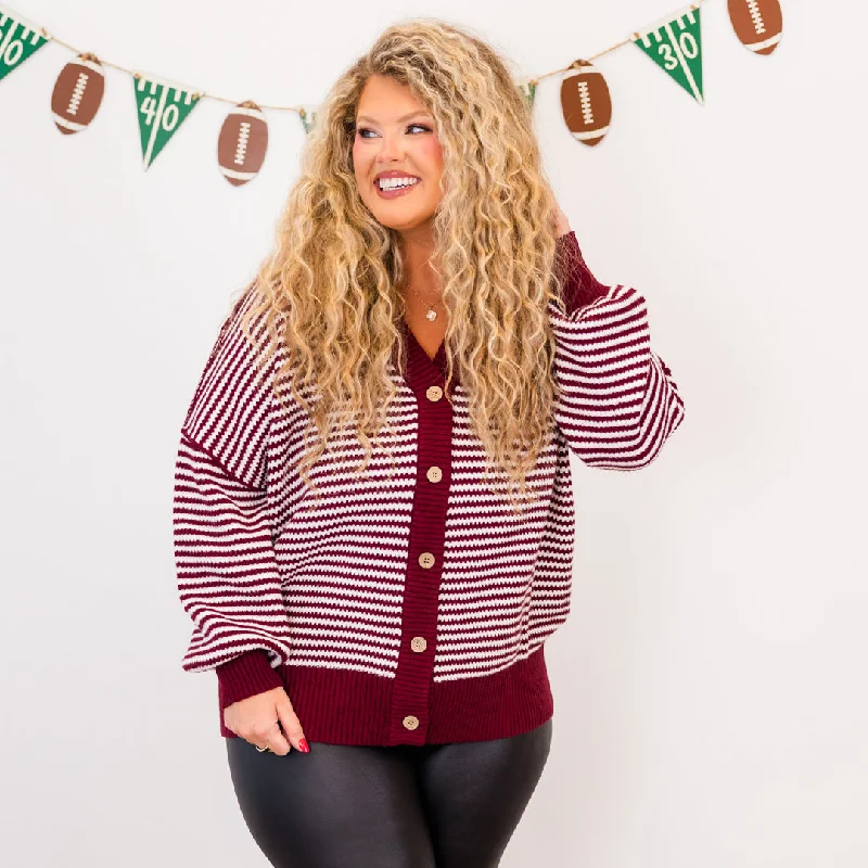 Weekend Discounts to Celebrate Snuggly Stripe Button-Up Sweater, Crimson-Ivory