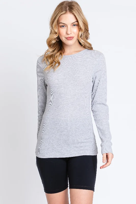 Lowest Rates Heather Grey Waffle Knit Basic Long Sleeve Top