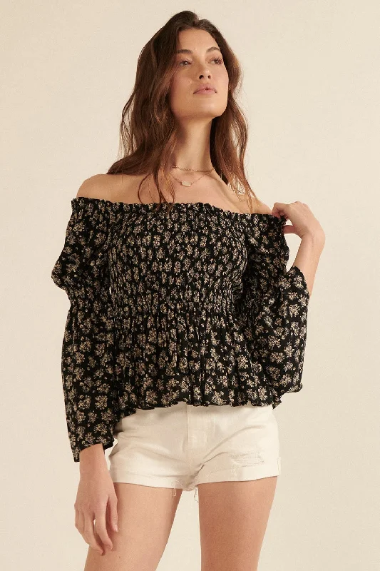 Weekend Bargains to Snag Black Floral Print Off-Shoulder Peasant Top