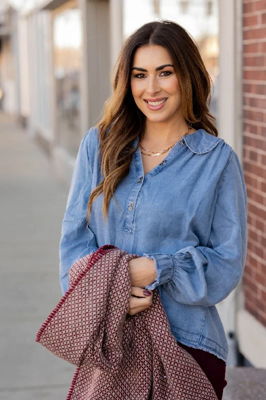 Early Bird Cinched Sleeve Denim Blouse