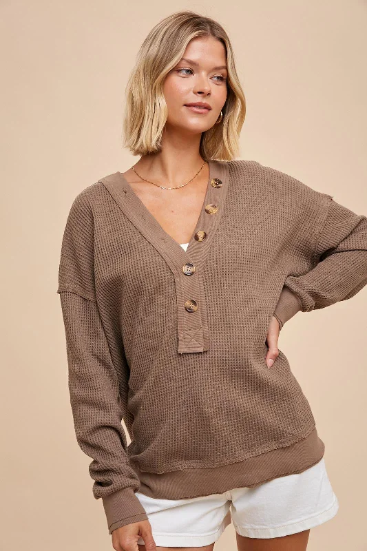 Weekend Specials to Enjoy Mocha Waffle Knit Deep V-Neck Top