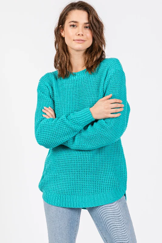 Super Savings Turquoise Waffle Knit Round Hem Sweater