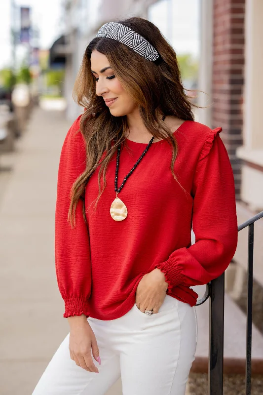 Price Slash Ruffle Shoulder Cinched Long Sleeve Blouse